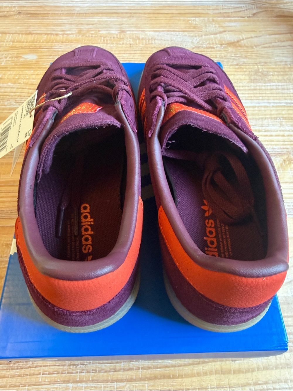 adidas Women’s Handball Spezial Burgundy Suede Sneakers with Orange Stripes - Picture 3 of 7